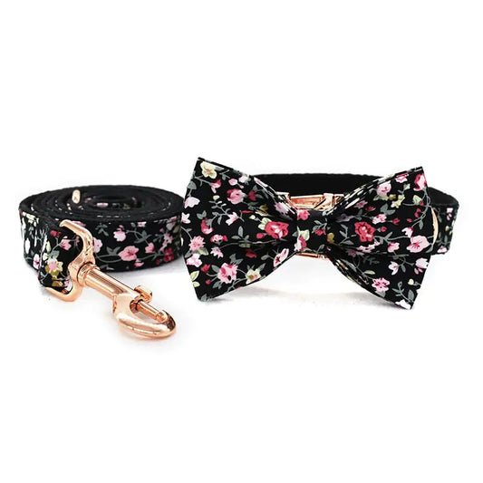 Black Flower & Rose Gold Dog Collar and Leash Set