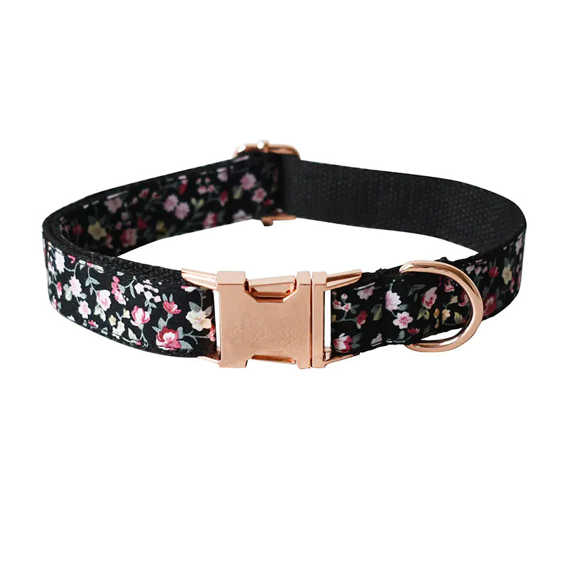 Black Flower & Rose Gold Dog Collar and Leash Set