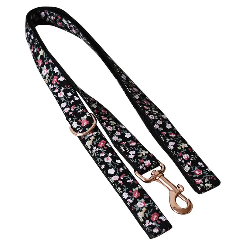 Black Flower & Rose Gold Dog Collar and Leash Set